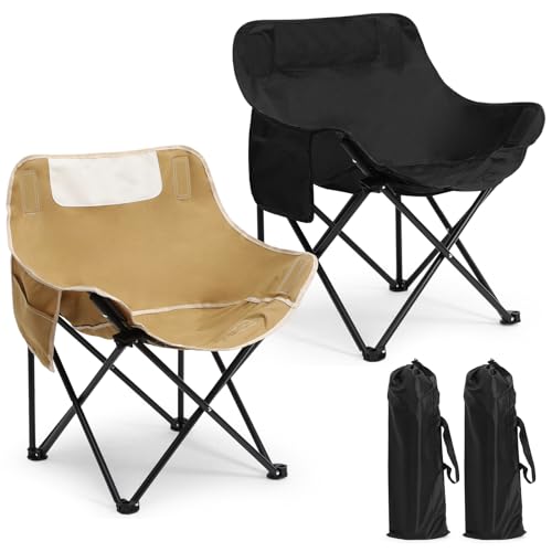 2 Pack Compact Camping Chairs Portable Folding for Outside with Carry Bag Lightweight Moon Chairs for Travel Picnic Hiking Beach Fishing, 600D Oxford, Supports 330lbs(Khaki, Black) - color: Khaki, Black