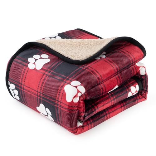 Waterproof Dog Blankets Pet Blanket 60"x80", Soft Fluffy Sofa Car Bed Protector, Reversible Sherpa Fleece Dog Blanket for Large Dogs Christmas Decor(Paw Red) - color: Paw Red, size: 60"x80"