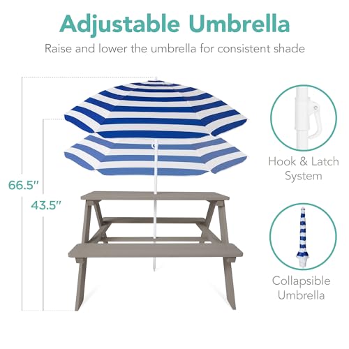 Best Choice Products Wooden Kids Picnic Table with Umbrella, Outdoor Activity Table Set with Built-in Benches, 220 lb Capacity per Bench - Gray/Navy - color: Gray/Navy