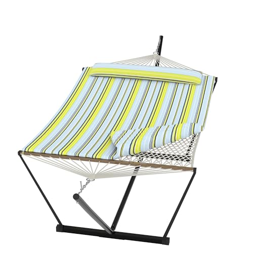 Garvee 2 Person Portable Double Hammock for Outdoor with Pillow, Heavy Duty Portable Hammock with Adjustable Steel Stand for Patio, Garden, Beach, Backyard - color: Light Blue and Green Stripes Design, size: T-shaped Bracket