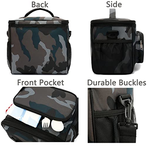 FlowFly Insulated Reusable Lunch Bag Adult Large Lunch Box for Women and Men with Adjustable Shoulder Strap,Front Zipper Pocket and Dual Large Mesh Side Pockets,BlackCamo - color: BlackCamo