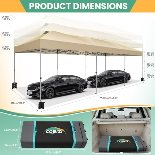 COBIZI 10x30 Pop Up Canopy Tent, Wedding Party Tent with 8 Sidewall One Push Setup Glow, 3 Adjustable Height Air Vent Waterproof UPF50+, Wheeled Bag, 4 Sandbag, 8 Stake, Ropes for Commercial, Outdoor - color: Khaki, size: 10x30 with 8 Sidewalls