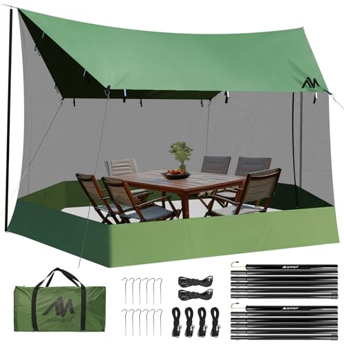 Screen House for Hammock with Tarp Poles, AYAMAYA Large Size 18 x 11 FT Camping Tarp with Mosquito Net, Portable Hammock Tent Rainfly with Bug Net for Picnics Backyards Backpacking Camping Beach