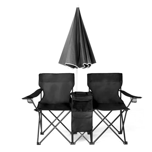 Double Folding Camping Chair W/Umbrella Fold Up Table Beverage Holder Carrying Bag Cooler for Patio Pool Park Outdoor Beach, Picnic, Portable (Black) - color: Black