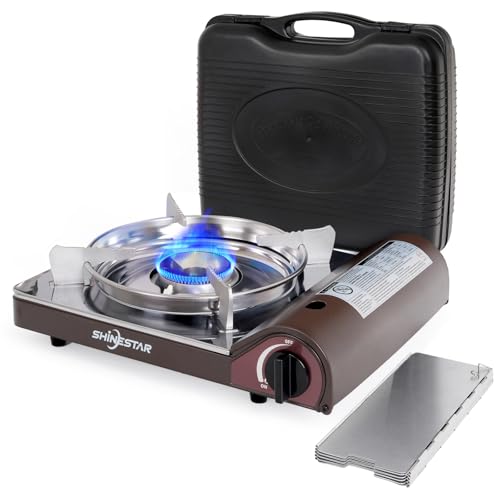 SHINESTAR 14000 BTU Butane Camping Stove, Portable Butane Stove with Brass Burner, One-Touch Piezo Ignition, Magnetic Safety Lock & Double Wind-Guard, Portable Gas Stove for Camping, RV, Emergencies - color: Brown - 14000 BTU Butane with Windscreen