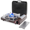 SHINESTAR 14000 BTU Butane Camping Stove, Portable Butane Stove with Brass Burner, One-Touch Piezo Ignition, Magnetic Safety Lock & Double Wind-Guard, Portable Gas Stove for Camping, RV, Emergencies - color: Brown - 14000 BTU Butane with Windscreen