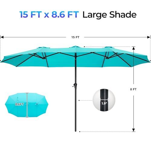 SUPERJARE 15FT Outdoor Umbrella for Patio, Double sided Pool Umbrellas with Fade Resistant Canopy, Large Table Umbrella for Deck, Market, Backyard - Light Blue(No Base) - color: Light Blue, size: 15FT