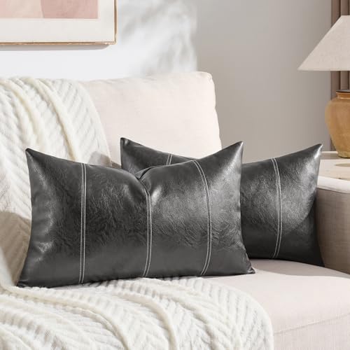 Fancy Homi 2 Packs Dark Gray Lumbar Faux Leather Decorative Throw Pillow Covers 12x20 Inch for Outdoor Couch Bed, Modern Farmhouse Boho Home Decor, Charcoal Grey Hand Stitched Cushion Case 30x50 CM - color: Dark Gray, size: 20" x 12" (Pack of 2)