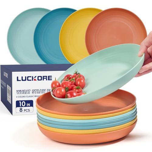Luckore 10 inch Deep Dinner Plates Set of 8 Wheat Straw Plates, Unbreakable Dinner Dishes Alternative for Plastic Microwave and Dishwasher Safe for Kitchen with 4 Colors Classic Bright - size: 10in-8pack