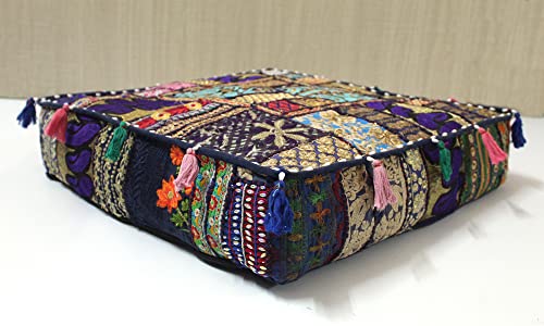 Mam Treasures Indian Bohemian Decorative Pillow Vintage Cushion Cover Patchwork Square Floor Pillow Cover Meditation Cushion Large Floor Pillow Indian Cushion (Dark Blue, 16 X 16 X 5 Inch) - color: Dark Blue, size: 16" x 16" (Pack of 1)