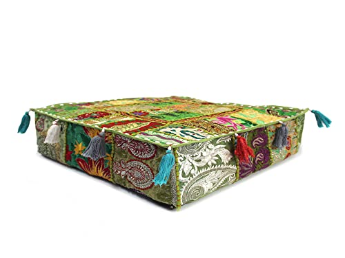 Mam Treasures Indian Bohemian Decorative Pillow Vintage Cushion Cover Patchwork Square Floor Pillow Cover Meditation Cushion Large Floor Pillow Indian Cushion (Light Green, 18 X 18 X 5 Inch) - color: Light Green, size: 18" x 18" (Pack of 1)