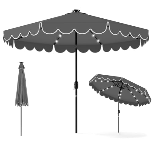 Tangkula 9 FT Solar Patio Umbrella, 2-Tiers Scalloped Outdoor Table Market Umbrella with 32 LED Lights, Vented Top, Tilt Adjustment, Crank, 8 Ribs for Backyard Poolside Deck Beach Lawn (Gray) - color: Gray, size: 9Ft
