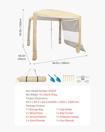 VEVOR Beach Cabana, 8 x 8 ft Beach Canopy with Side Wall, UPF 50+ Protection Easy Setup Cabana Tent with Sand Pockets, Adjustable Height Portable Shade Sun Shelter Umbrella for Family & Friends, Khaki - color: Khaki, size: 8*8