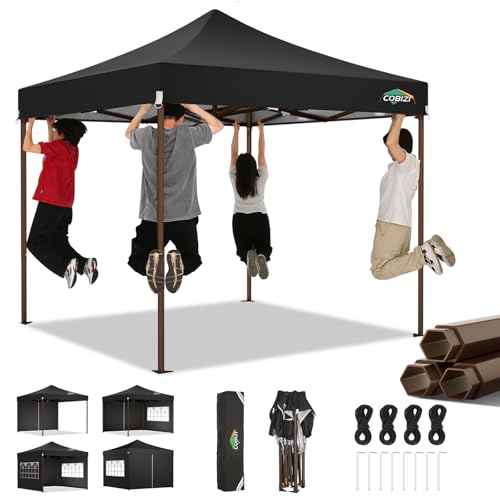 COBIZI 10x10 Pop Up Canopy Tent Heavy Duty with 4 Sidewall, Commercial Outdoor Easy Pop Up Gazebo for Party Wedding All Weather Waterproof UV 50+ with Carry Bag(Leg Upgraded),Black - color: Night Black, size: 10x10 FT