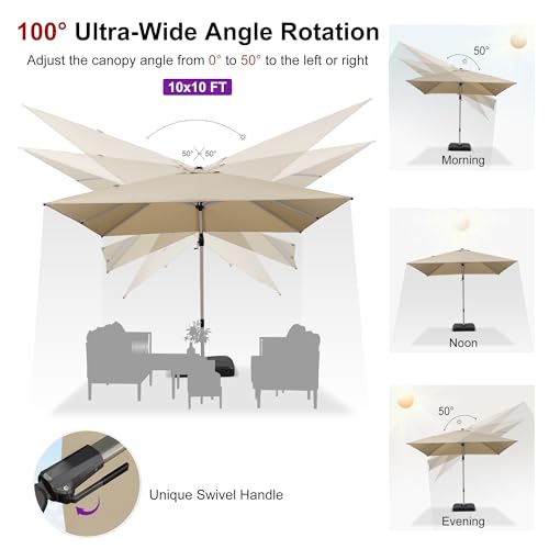 PURPLE LEAF 10' X 10' Left-right Tilting Patio Umbrella Outdoor Swivel Cantilever Umbrella Aluminum Offset Umbrella with Champagne Frame and 360-degree Rotation for Garden Deck Pool, Beige - color: Beige, size: 10' x 10'(Tilt)