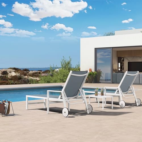 PURPLE LEAF Lounge Chair Outdoor Set 2 Pieces White Aluminum Chaise Lounge with Armrest and Wheels for Pool Deck Patio, Steel Blue - color: Steel Blue, style: Straight-leg w/ Armrest