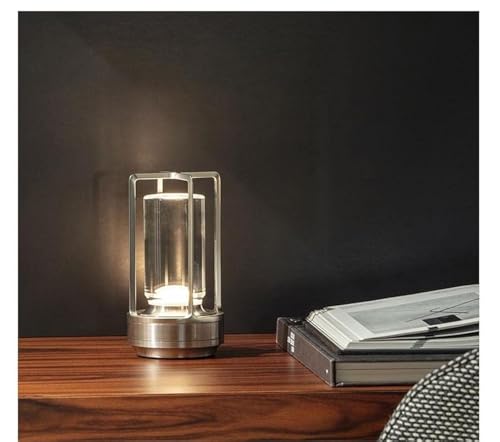 Portable Metal Table Lamp for Indoor/Outdoor ,Rechargeable Cordless LED Lamp, 3-Colour Infinitely Dimming Battery Powered Small Desk Lamp, Restaurant/Bedroom/Bar/Coffee Shop/Camping Light (Silver) - color: Silver