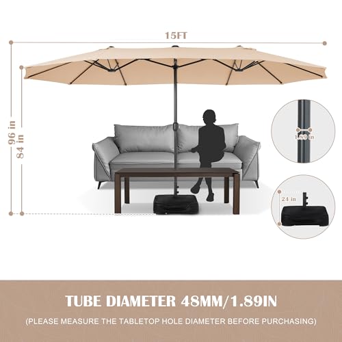 Sundale Outdoor 15ft Large Patio Umbrella with Base Included and Umbrella Cover, Outdoor Double-Sided Umbrella - color: Tan