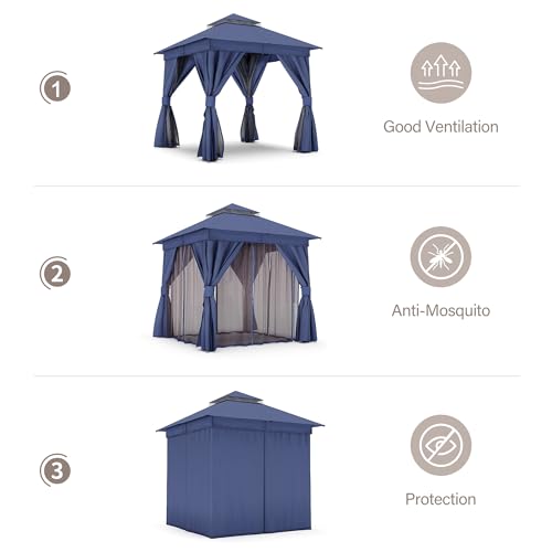 LAUSAINT HOME 8'x8' Outdoor Gazebo with 50FT String Lights, Metal Heavy Duty Patio Canopy Tent with Double Roofs, Mosquito Nettings and Privacy Screens for Backyard, Garden, Lawn, Navy Blue - color: Navy Blue, size: 8'x8' With String Lights