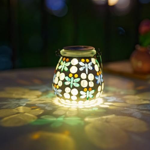 Stargarden Mosaic Solar Lanterns Outdoor Waterproof, Dragonfly Lanterns Decorative Outdoor, Glass Hanging Solar Lights Table Lamp for Yard, Garden Decor - color: Dragonfly