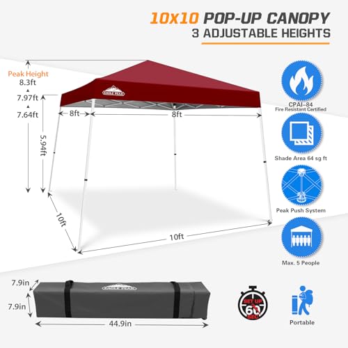 EAGLE PEAK 10x10 Slant Leg Pop-up Canopy Tent Easy One Person Setup Instant Outdoor Beach Canopy Folding Portable Sports Shelter 10x10 Base 8x8 Top (Burgundy) - color: Burgundy, size: 10x10
