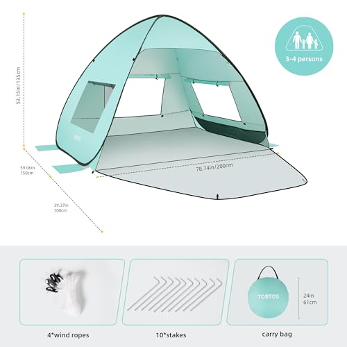TOBTOS UPF 50+ Pop Up Beach Tent, Easy Set Up Beach Umbrella, Sun Shelter for 2-3 People UV Protection Portable Sunshade, Baby Canopy Cabana, Lightweight with Carry Bag - style: Mint Green for 3-4 Person