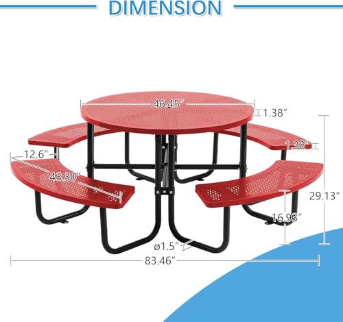 46-inch Red Round Outdoor Picnic Table with Umbrella Hole - Heavy Duty Coated Steel Metal Patio Dining Set for Garden, Courtyard, BBQ & Commercial Use - color: Red-round