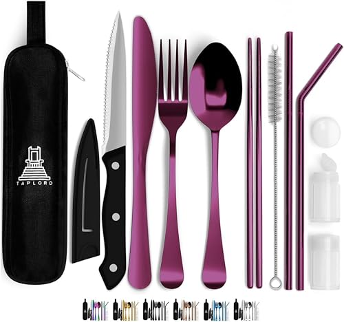 Taplord Portable Travel Silverware Set With Case, Includes 10 Pcs of Travel Utensils With Case, Stainless Steel Flatware Set For Camping, Lightweight (Purple) - color: Purple, size: 10 Pieces