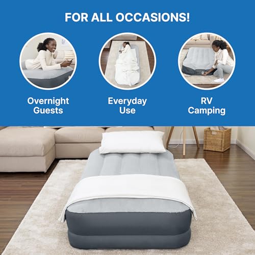 SleepLux Twin Air Mattress Supersoft Snugable Top Extra Durable Tough Guard with Built-in Pillow Raised 15" Airbed with Built in Pump + USB Charger Twin 15", Small, Grey - style: Twin ToughGuard 15"