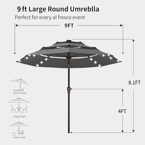 Kingdura 9ft 3-Tier Patio Umbrella with Solar Lights, Table Umbrella Outdoor Patio with Easy Crank & Tilt, 8 Sturdy Ribs, UV Protection, 32 LED Lights for Deck, Poolside, Market (Grey) - color: Grey-LED, size: 9 FT