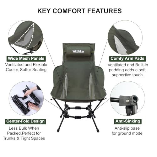 Wildhiker Compact High Back Camping Chair - Foldable with Dual Sitting Modes, Pillow, Arm Pads and Side Pockets - Lightweight Portable Chair for Motorcycle, RV, Festival, Travel - Black - color: Black