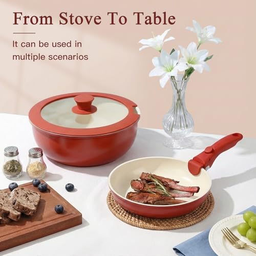 GIPP 11PCS Ceramic Pots and Pans Set Non Stick, Nonstick Cookware Set Detachable Handle, Red Black Gradien Pots and Pans Induction Kitchen Cooking Sets, RV Cookware Sets for All Stoves - color: Red and Black Gradient, size: 11PCS