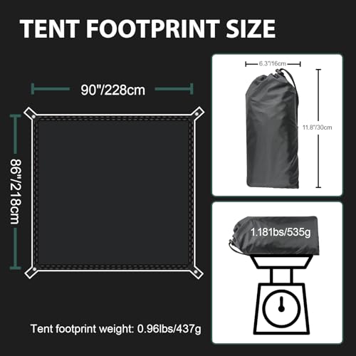 KRUI Tent Footprint, PU 2000 Waterproof Camping Tarp, Durable Tent Floor Saver for Hiking, Backpacking, Hammock, Beach and Picnic - size: 4 Person - 86“ x 90”