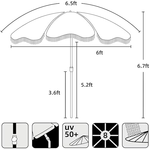 AMMSUN Boho Fringe Umbrella Outdoor Patio, 6.5ft UPF50+ Picnic Umbrella with Tassels with Steel Pole and Push Button Tilt, Noble Black - color: Noble Black