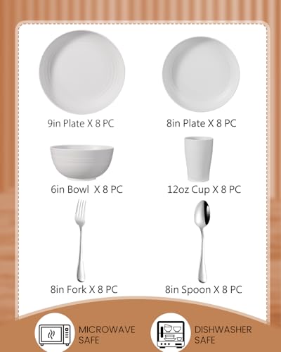 48 Piece Plates and Bowls Sets for 8- Unbreakable Wheat Straw Dinnerware Sets Includes Stainless Steel Forks for Picnic Camping Outdoor Kitchen and Apartment Dinning RV Essentials-White - color: White, size: 48PCS