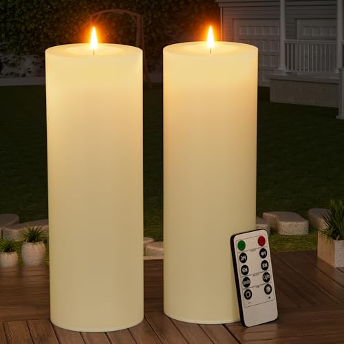 BUTHY 12" x 4" Large Outdoor Candles with Timer Waterproof Flickering LED Flameless Candles Battery Operated with Remote Fake Pillar Candles Realistic for Patio Porch Lanterns, Ivory 2 Pack - color: Ivory, size: 12in-2Pack