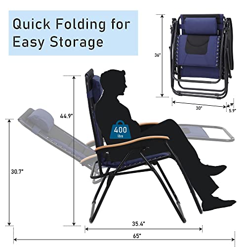 PHI VILLA XXL Oversized Padded Zero Gravity Chair Set of 2, Foldable Patio Recliner, 30" Wide Seat Anti Gravity Lounger with Armrest and Cup Holder, Support 400 LBS (Navy Blue) - color: Navy Blue, style: 2 Pcs