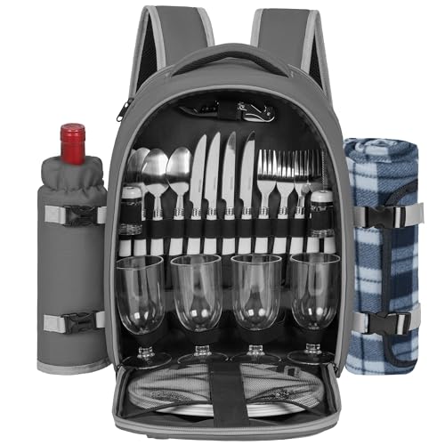 Picnic Backpack for 4 Persons with Insulated Leakproof Cooler Compartment, Cutlery Sets, Wine Holder, Fleece Blanket, Wedding Gifts for Couples, Perfect for Beach, Camping, Hiking, Grey - color: Gray