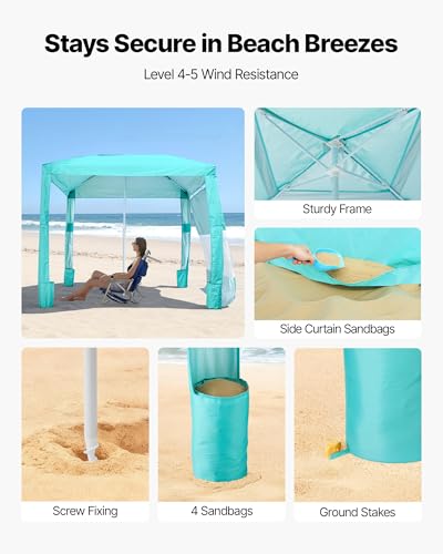 VEVOR Beach Cabana, 8 x 8 ft Beach Canopy with Side Wall, UPF 50+ Protection Easy Setup Cabana Tent with Sand Pockets, Adjustable Height Portable Shade Sun Shelter Umbrella for Family & Friends, Green - color: Green, size: 8*8