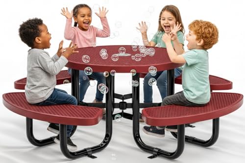 Round Metal Picnic Tables for Kids for Outdoors with Umbrella Hole, Adjustable Seats for School, Park, Playground (Red, 38 in, Kids, Expanded Steel) - color: Red, size: 38 In, Kids, Expanded Steel
