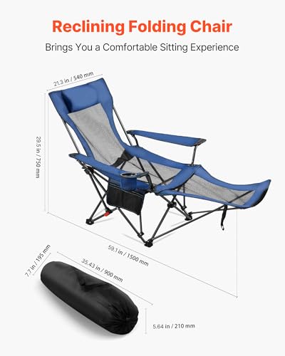 VEVOR 2-in-1 Reclining Camping Chair with Footrest for Adults, 4 Adjustable Positions, Portable Folding Lounger, Lightweight Mesh Beach Chair Supports 220lbs, Heavy Duty Camp Chairs Outdoor, Blue - color: Blue