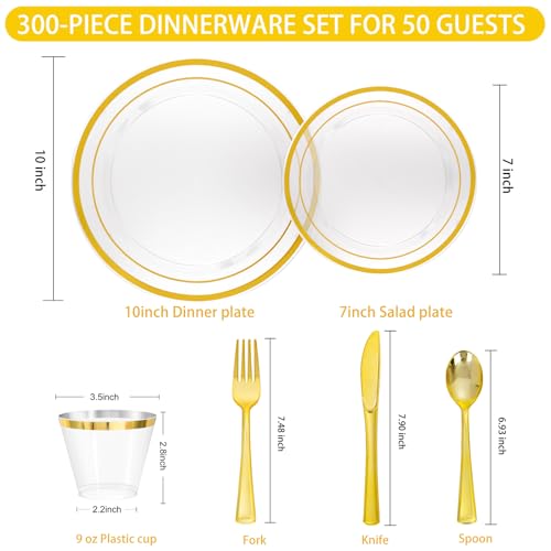 WELLIFE 300 PCS Clear Gold Dinnerware Set for 50 Guests, Clear and Gold Plastic Plates for Party, 50 Dinner Plates, 50 Salad Plates, 50 Cups Forks Knives Spoons for Wedding and Party Supplies - color: Clear Gold, size: 50 Guests