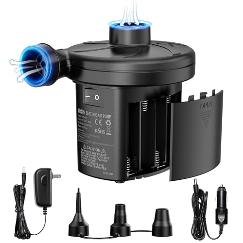 Dr.meter Air Mattress Pump, 3 Ways Powered Portable Electric Air Pump with 3-Nozzle AC 110V, DC 12V, Battery Operated Quick-Fill Inflator Deflator for Inflatable Pool Float Air Bed Boat Swimming Ring - style: HT-401