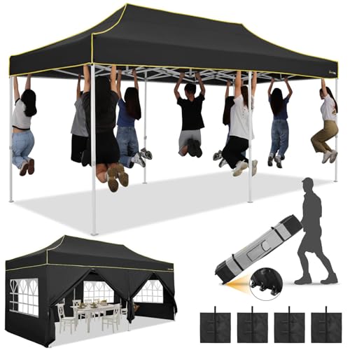 HOTEEL 10x20 Heavy Duty Pop Up Canopy Tent with Sidewalls, Commercial Outdoor Canopy Tents for Parties Event Wedding with Roller Bag, Waterproof & UV 50+, Upgraded Thickened Hexagonal Legs, Black - color: Black, size: 10x20FT (+6 Walls)