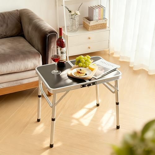 Folding Picnic Table 2ft Portable Camping Table Adjustable Heights Metal Aluminum Lightweight Foldable Small Outdoor Card Table with Carry Handle for Outside Indoor Camp Cooking BBQ Beach(Black) - color: Black