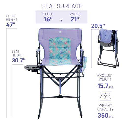 EVER ADVANCED Portable 30.7" Seat Height Tall Folding Camping Chair Directors Chair High Foldable Bar Stool with Side Table for Makeup Artist, Sports Event, Craft Show, Supports 350LBS - color: Purple