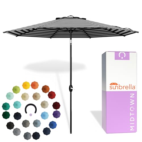 Midtown Umbrellas - The Lean 9 Ft Patio Umbrella with Fade-Resistant Sunbrella Fabric, Auto-Tilt Aluminum Frame and 8 Reinforced Ribs for Deck, Pool & Garden - Black & White Canopy, Black Pole - color: Sunbrella Black & White, size: 9 Feet