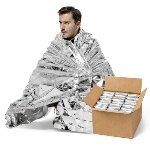 50 Pack Emergency Foil Blankets 51” x 83” – Thermal Mylar Survival Blankets Individually Wrapped for Outdoors, Camping, Hiking, First Aid, Emergency Preparedness & Homeless Outreach
