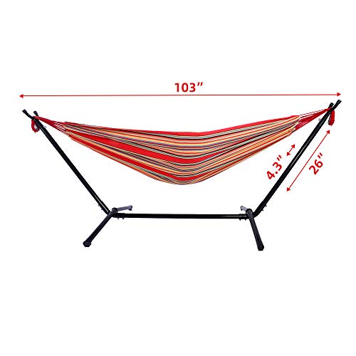 Double Hammock with Steel Stand, Adjustable Hammock Bed,Portable Outdoor Polyester Hammocks Set,2-Person Heavy-Duty Hammocks for Camping Garden Backyard Patio,250lbs Capacity (Red Stripe) - color: Red Stripe