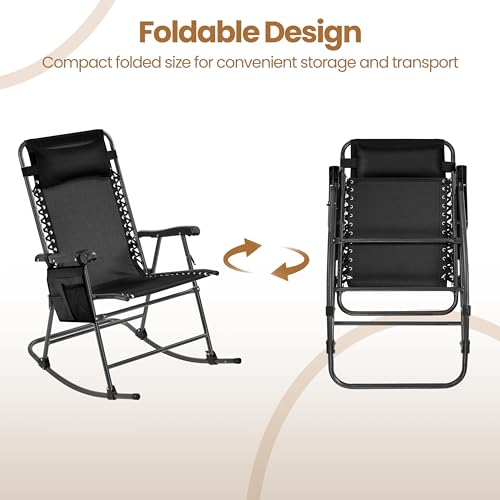 Yaheetech 26in Rocking Chair Outdoor Zero Gravity Folding Chairs Rocking Chairs Foldable Outdoor Reclining Lounge Chair for Outside Lawn with Cupholder/Pillow Ergonomic Design for Rest, Black - color: Black, size: 1 Pcs